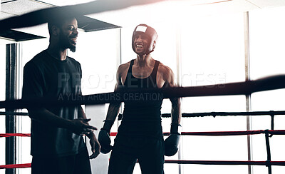 Buy stock photo Boxing, men and fitness with training, support and motivation with happiness, endurance and challenge. People, trainer and athlete with energy, smile and progress with practice, wellness and healthy