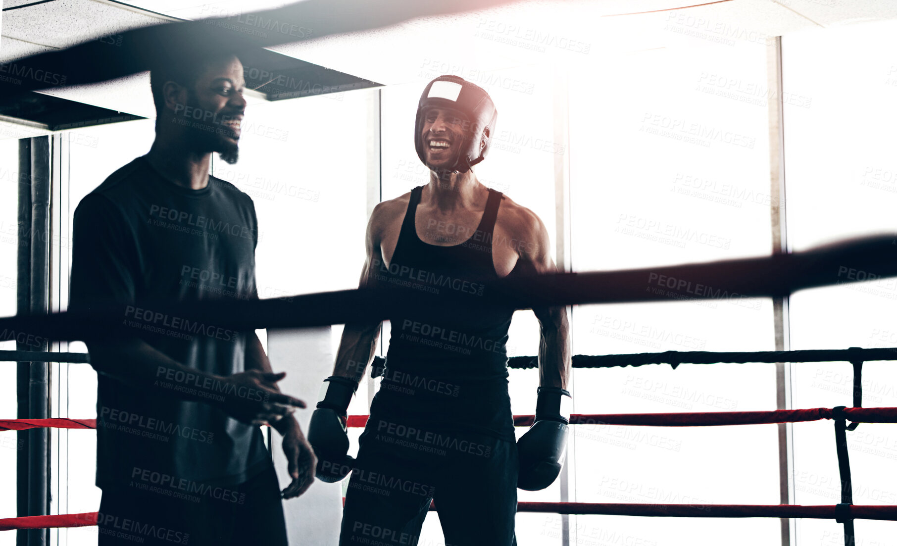 Buy stock photo Boxing, men and fitness with training, support and motivation with happiness, endurance and challenge. People, trainer and athlete with energy, smile and progress with practice, wellness and healthy