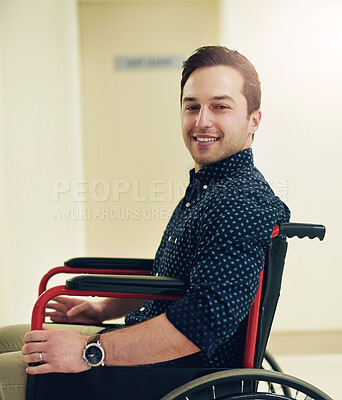 Buy stock photo Portrait,  wheelchair and man with smile, medical and confidence in hospital, checkup and physiotherapy. Healthcare, clinic and person with disability, healthy and happy for mobility treatment