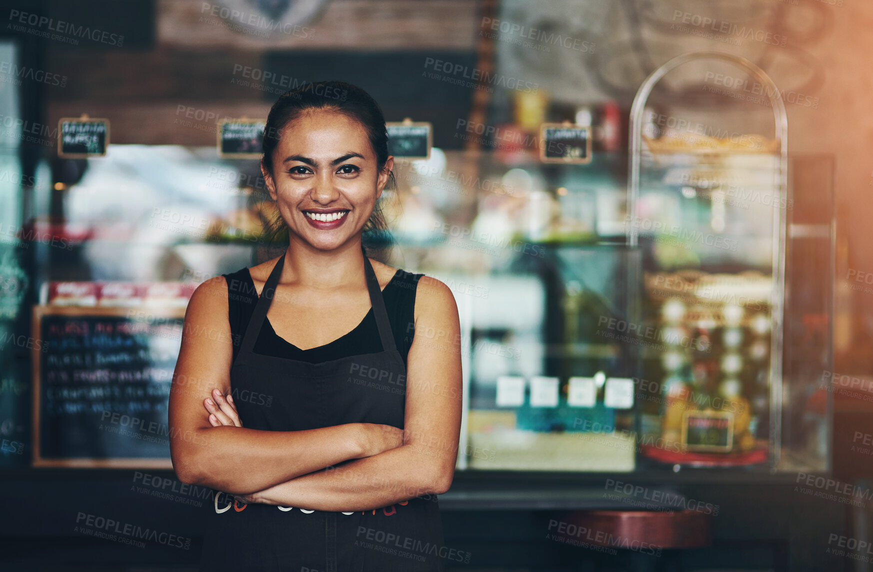 Buy stock photo Coffee shop, business owner or portrait of happy woman with arms crossed in startup or restaurant with smile. About us, entrepreneur or proud waitress ready for service, sale or excellence in cafe