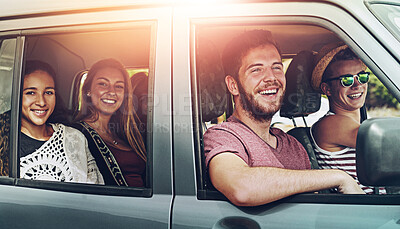 Buy stock photo Friends, happy and road trip in car for travel, together and journey with explore, adventure and vacation. People, smile and excited in van or suv with transport for summer, crazy drive and freedom