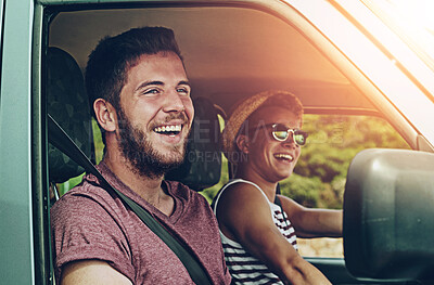 Buy stock photo Friends, road trip and happy in car for travel, together and journey with explore, adventure and vacation. People, smile and excited in van or suv with transport for summer, crazy drive and freedom
