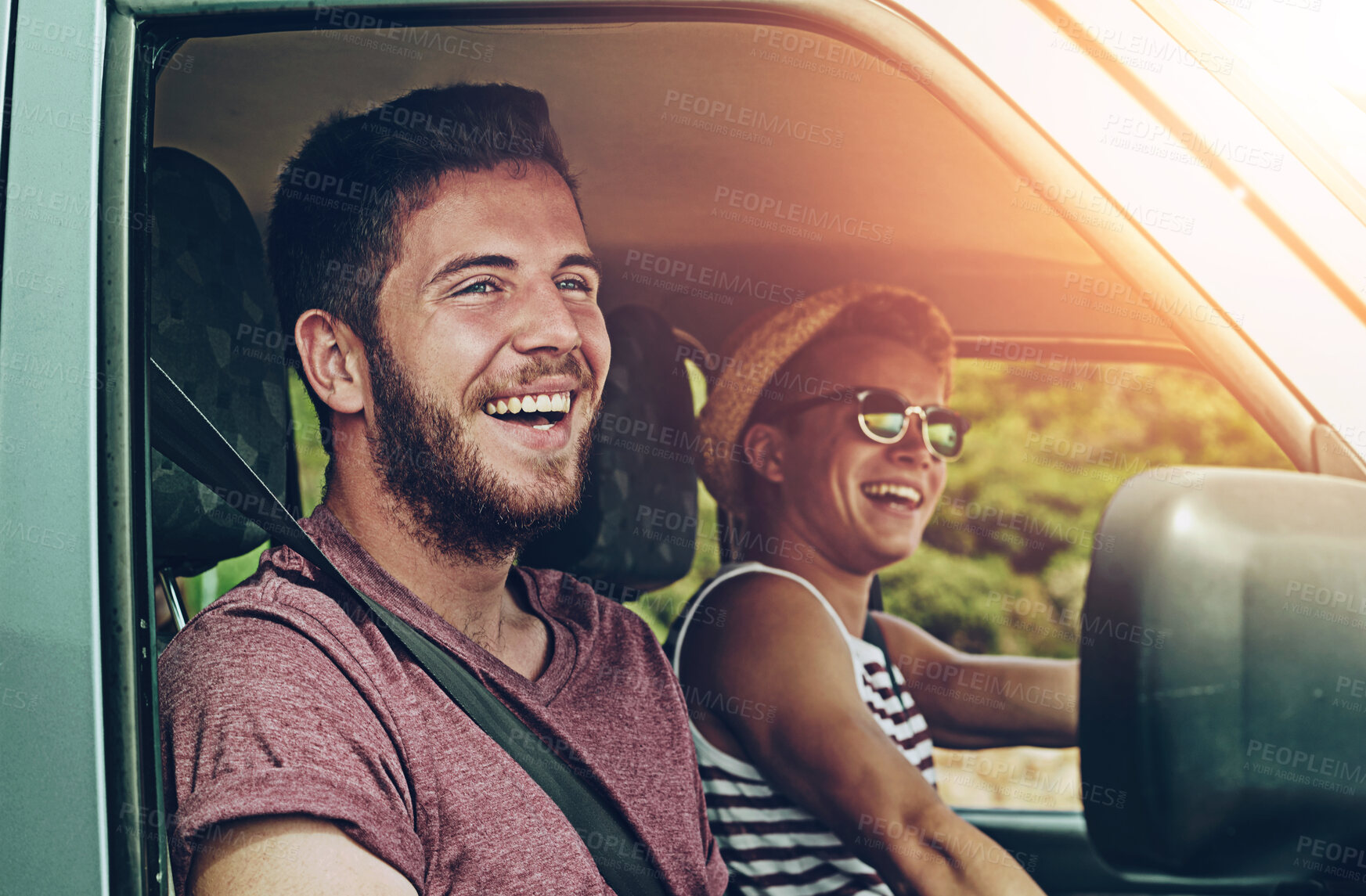 Buy stock photo Friends, road trip and happy in car for travel, together and journey with explore, adventure and vacation. People, smile and excited in van or suv with transport for summer, crazy drive and freedom