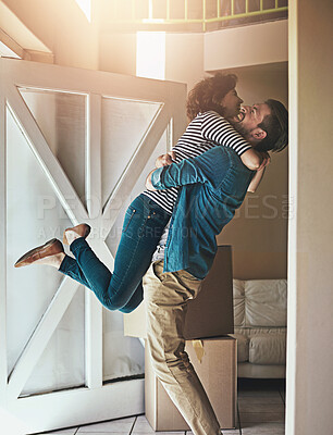 Buy stock photo Doorway, hug and couple moving in, boxes and excited with happiness, achievement and real estate. Embrace, people and man with woman, entrance and property with joy, home and celebration with goals 