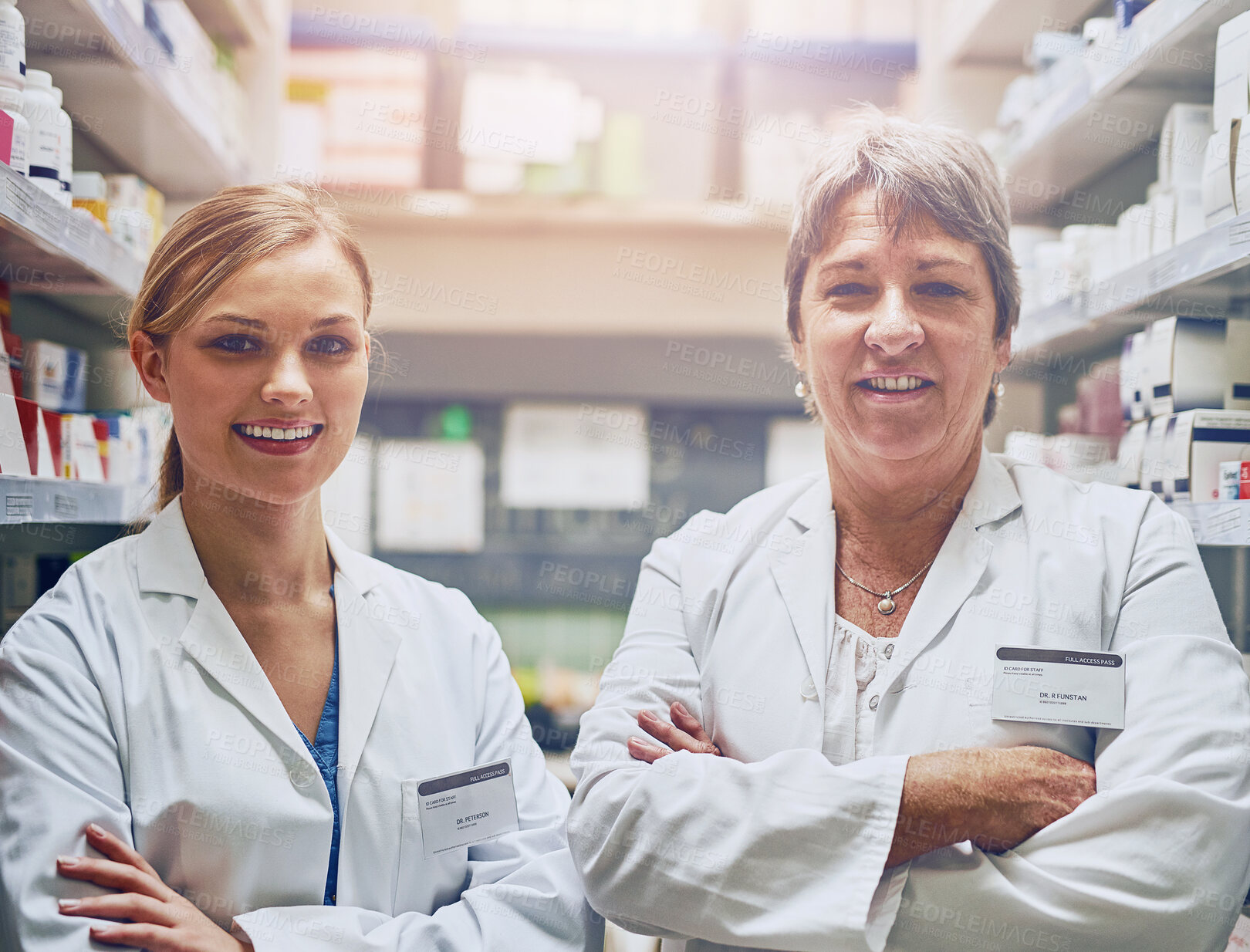 Buy stock photo Pharmacy, team and portrait of women in store with drugs, pills or help search medicine inventory. Pharmacist, staff and working in shop with sale of medical product for healing or healthcare