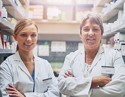 Buy stock photo Pharmacy, team and portrait of woman in store with drugs, pills or help search medicine inventory. Pharmacist, staff and working in shop with sale of medical product for healing or healthcare