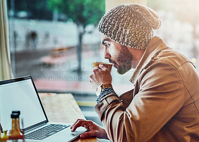 Buy stock photo Laptop, journalist and man with coffee in cafe for online connection, typing article or information on blog. Editor, freelance and person with hot beverage for proof reading, remote work or report