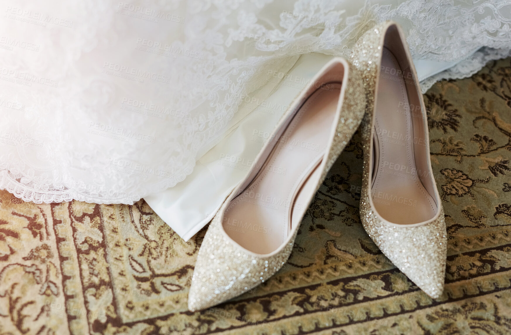 Buy stock photo Wedding, shoes and high heels on carpet floor for marriage,  elegant event and special day. Designer, fabric and bridal footwear with pattern on ground for glamour, luxury style or lace and material