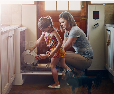 Buy stock photo Dishwasher, mother and child cleaning in home kitchen for hygiene, housework and learning. Mom, kid and girl with plate for chores in machine, housekeeping and happy parent teaching for help with dog