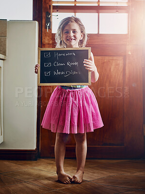 Buy stock photo Girl, child and chalkboard for chores in home with checklist of housework responsibility or helping hand. Portrait, kid and proud with to do list in house for development, growth or learning to clean