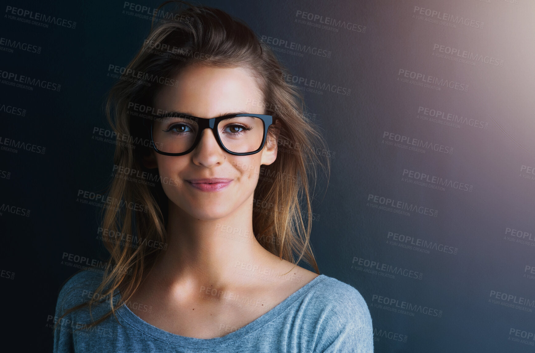 Buy stock photo Studio, teenager or portrait of a girl for fashion, glasses or optometry with vision isolated on dark background. Style, happy or face of woman, mockup space or confident model with eyewear or smile