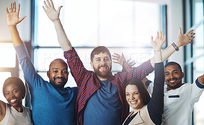 Buy stock photo Business people, portrait and hands up celebration or victory support, achievement or teamwork. Men, women and diversity solidarity for startup funding or good news for winning, cheering or target