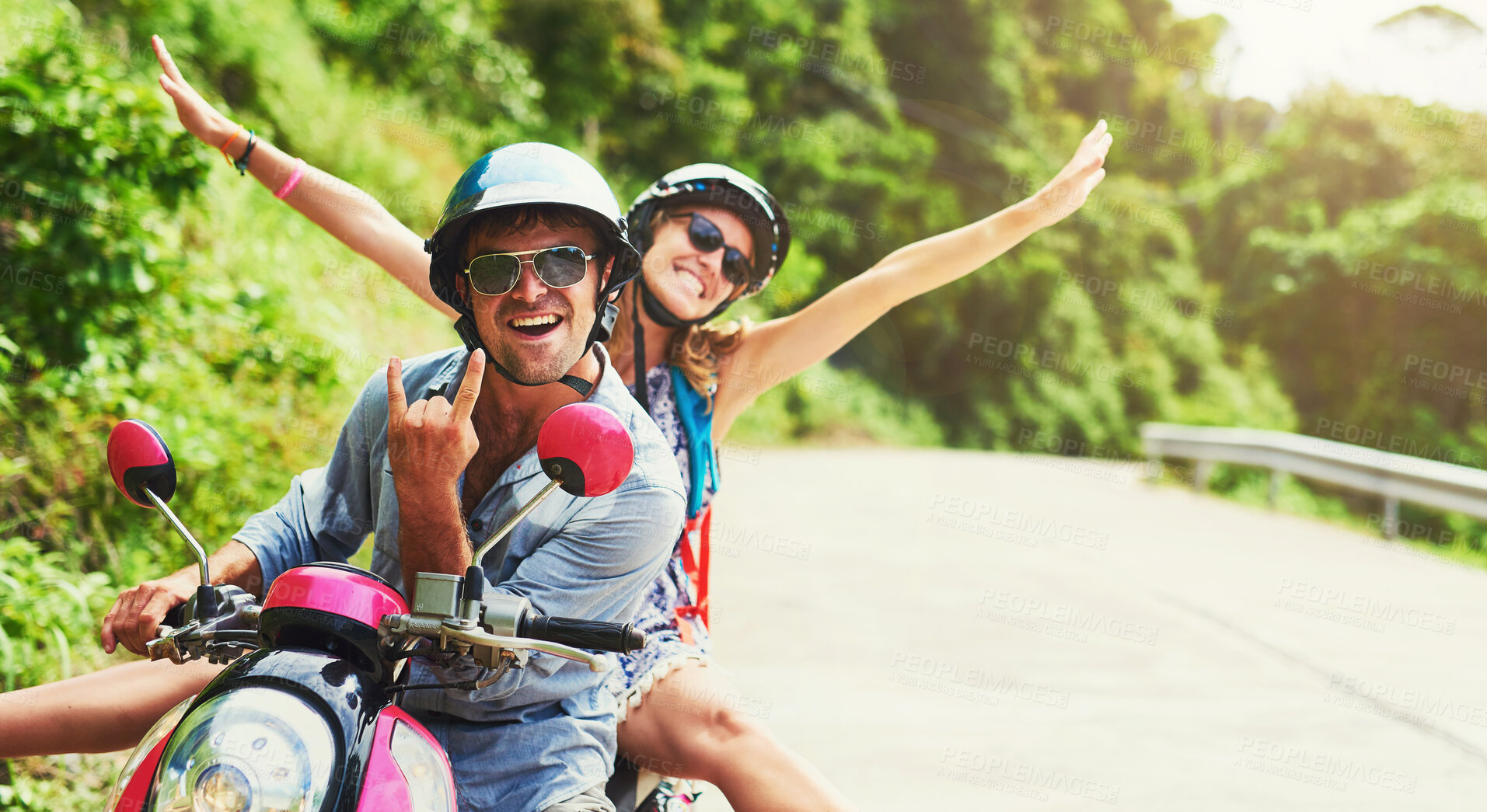 Buy stock photo Couple, scooter and vacation with nature, road and happiness with holiday, India or transport. People, man or woman with helmet, excited or explore with adventure, travel or journey with getaway trip
