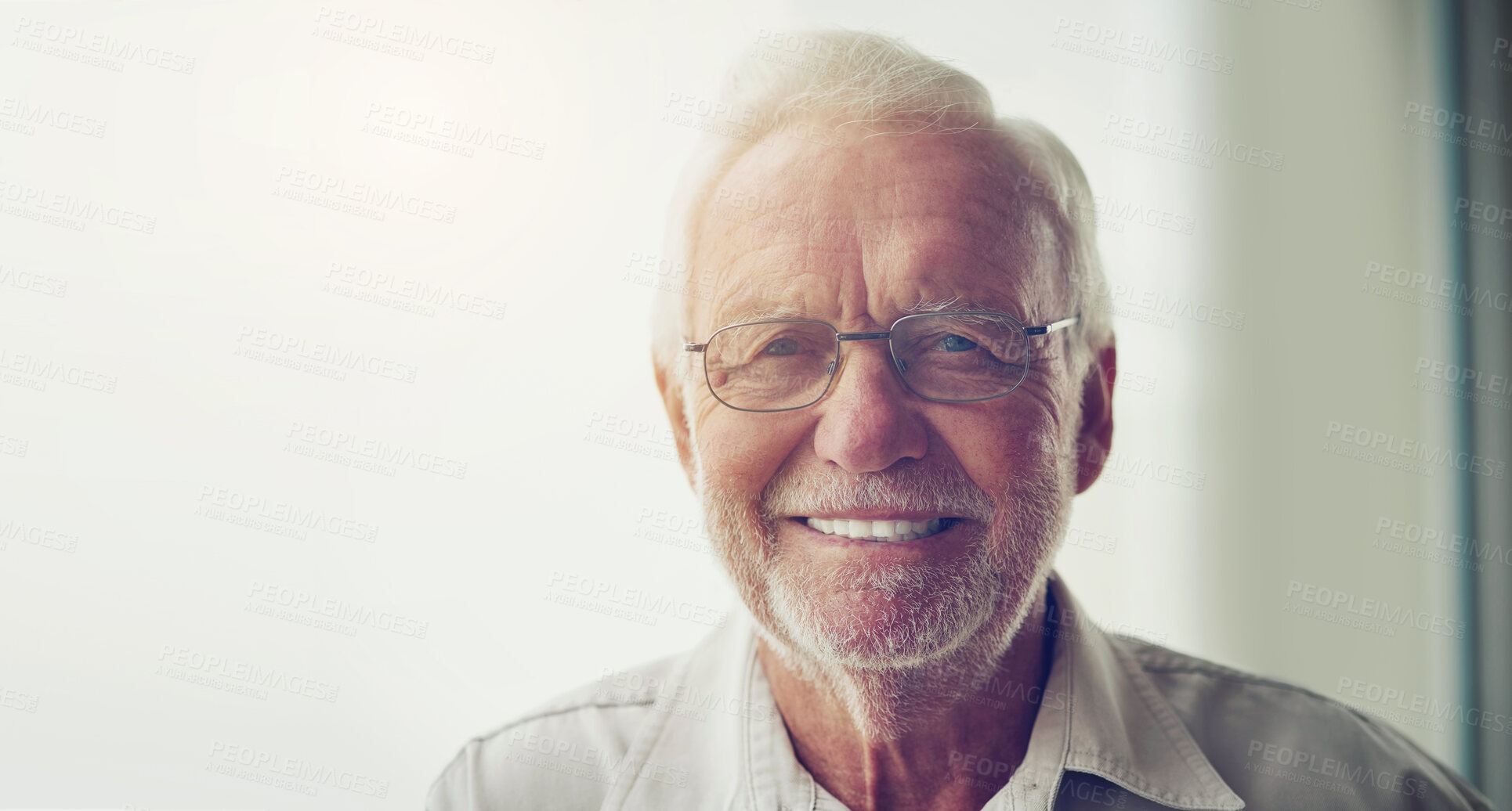 Buy stock photo Portrait, home and senior man with glasses, smile and happiness with confidence, peace and relax. Face, old person or pensioner with eyewear, wrinkles or mockup space with vacation, joy or retirement