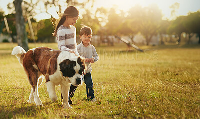 Buy stock photo Nature, walking and siblings in park, dog and play with fun, journey and animal with sunshine. Canine, children or kids with pet, summer or bonding together with grass, spring or adventure with care