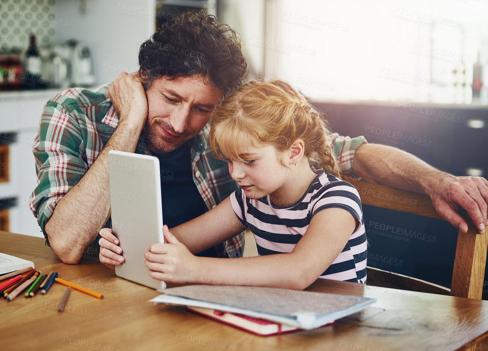 Buy stock photo Home, dad and girl with tablet for homework or read with elearning for child development, knowledge and growth. Parent, kid and support with help for learning on internet for educational games