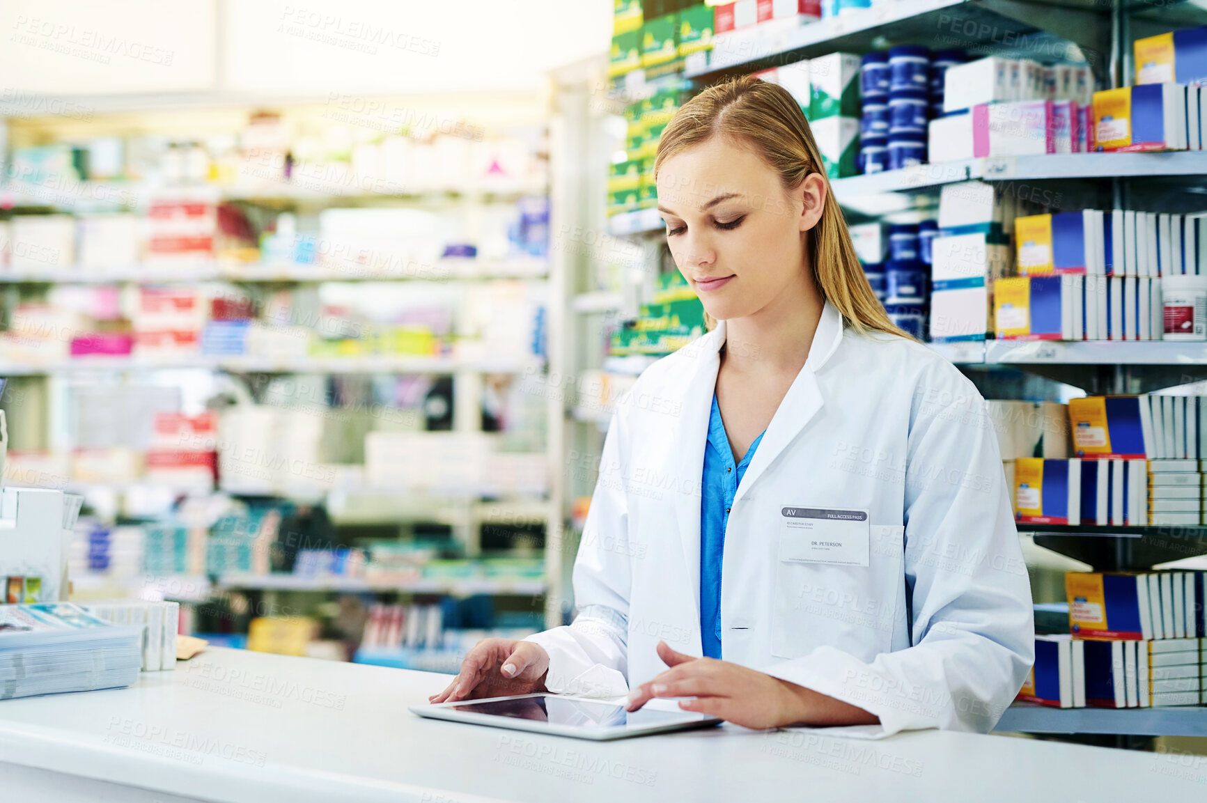 Buy stock photo Pharmacy, woman or pharmacist with digital tablet to order medication, check inventory and inspection. Healthcare, female expert and technology for research information, pills and prescription 