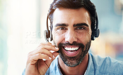 Buy stock photo Portrait, call center and business with man, headphones or telemarketing with tech support, customer service or help desk. Face, person or insurance consultant with headset, risk department or advice