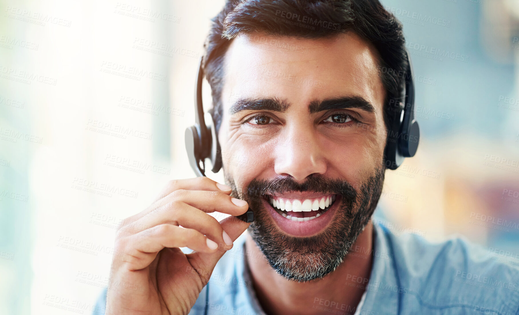 Buy stock photo Portrait, call center and business with man, headphones or telemarketing with tech support, customer service or help desk. Face, person or insurance consultant with headset, risk department or advice