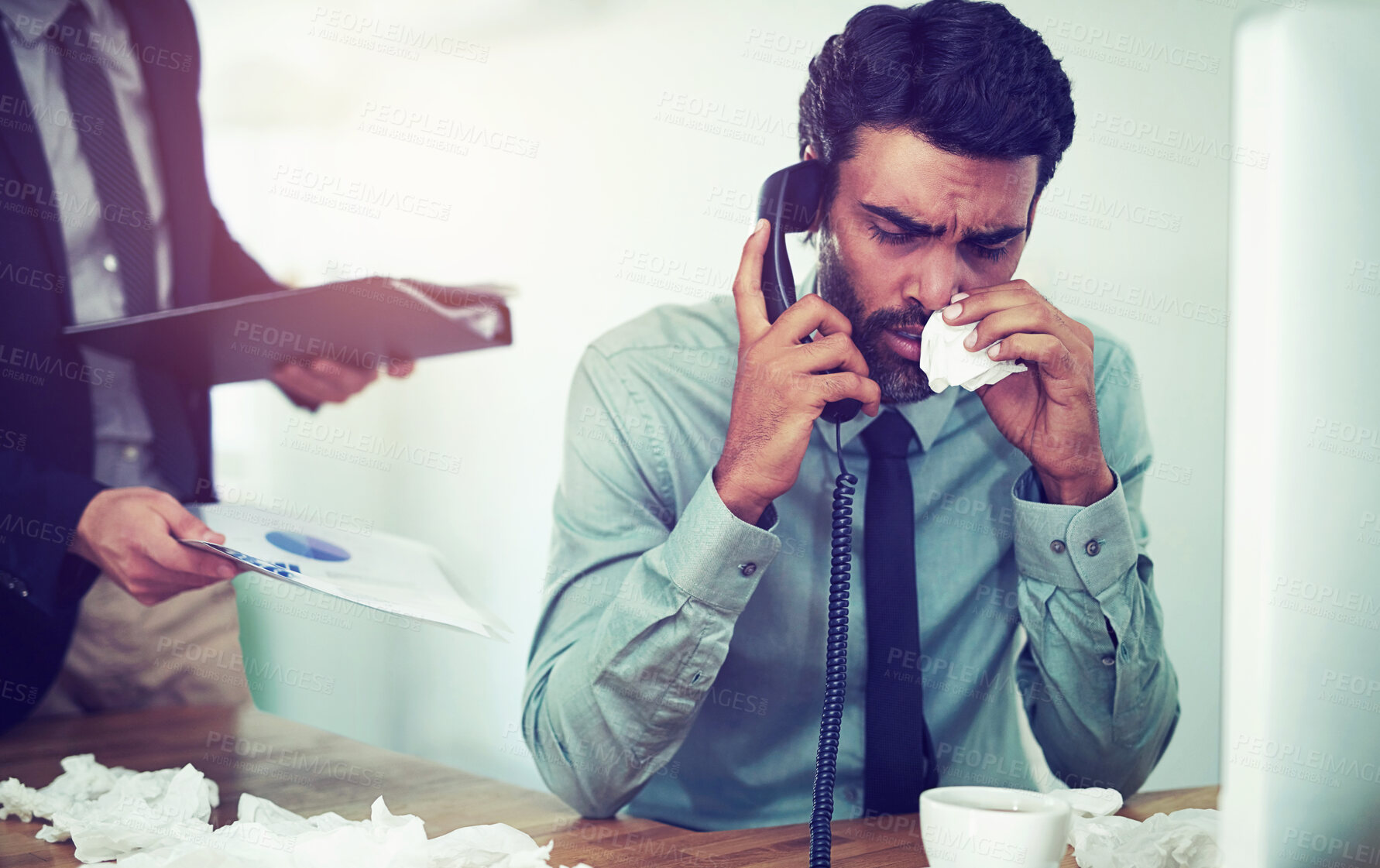 Buy stock photo Sick businessman, tissue and telephone call with stress in anxiety, overworked or mental health at office. Young man or employee with fever, illness or cold and flu in depression, burnout or pressure