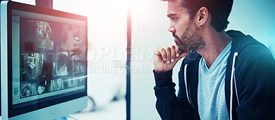 Buy stock photo Security, camera and man on computer for surveillance, tracking and investigating for crime in building. Technology, hacker and person online for cybersecurity, searching and monitoring or inspection