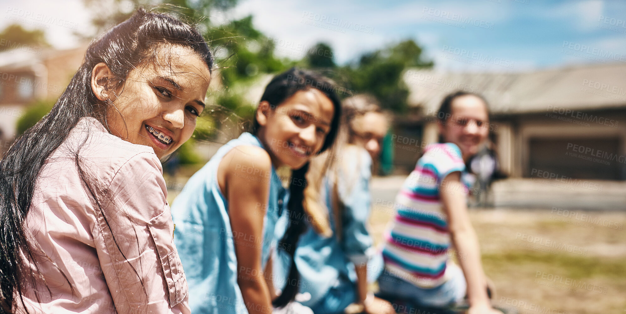 Buy stock photo Children, friends and portrait in park with smile for childhood development in middle school, students or bonding. Girls, face and outdoor adventure or youth together as recreation, wellness or group