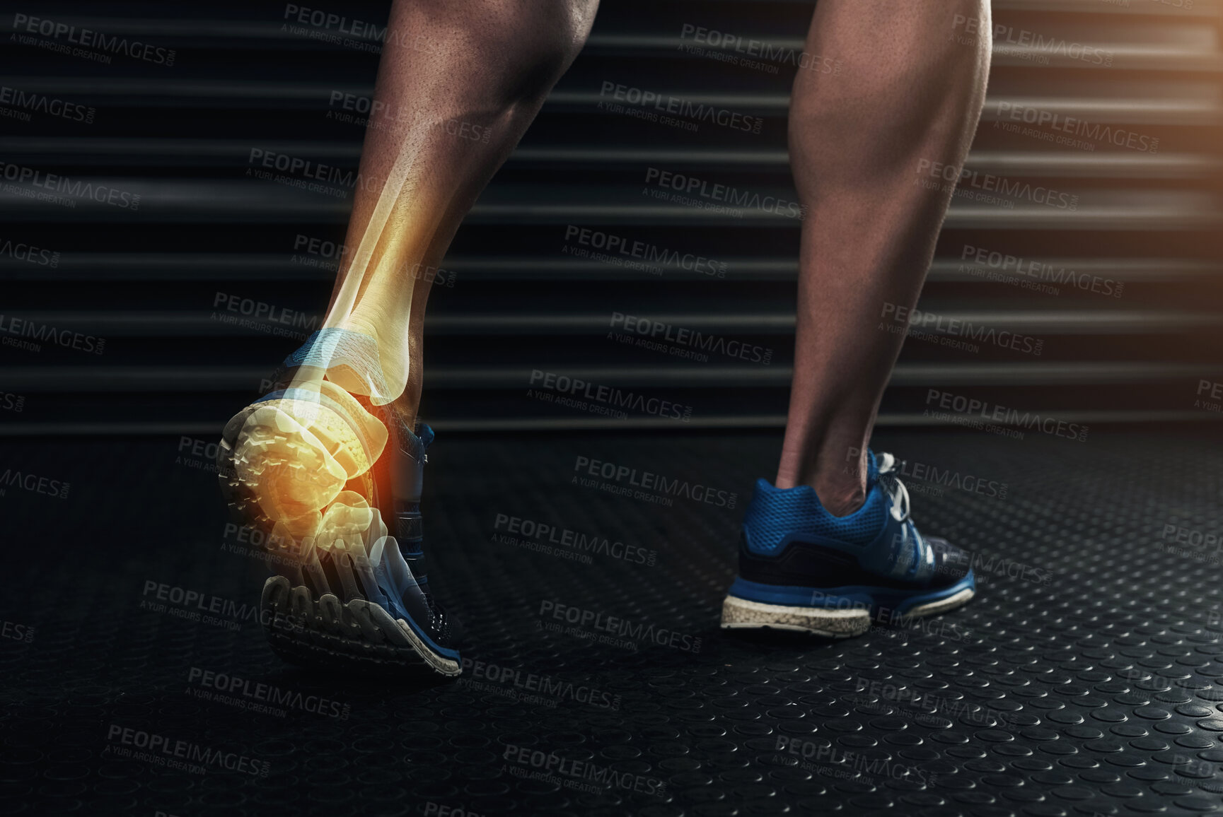 Buy stock photo Fitness, pain and feet of man with injury, muscle strain and accident for training, workout and exercise. Sports, health and person with x ray for inflammation, medical emergency and hurt on floor