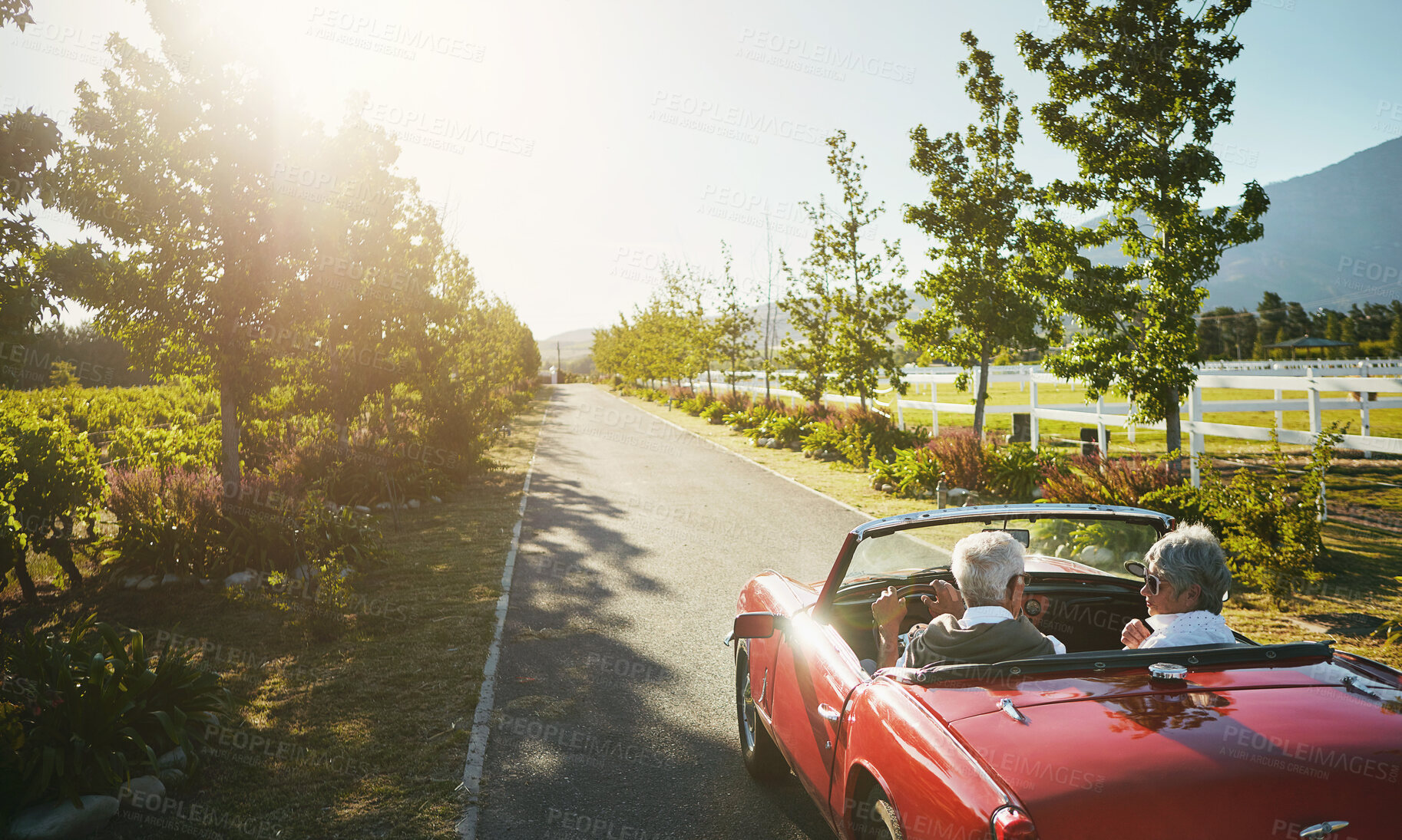 Buy stock photo Couple, convertible and driving road trip or travel journey to California vineyard, adventure or transportation. People, nature and tourism holiday for explore together in retirement, morning or love