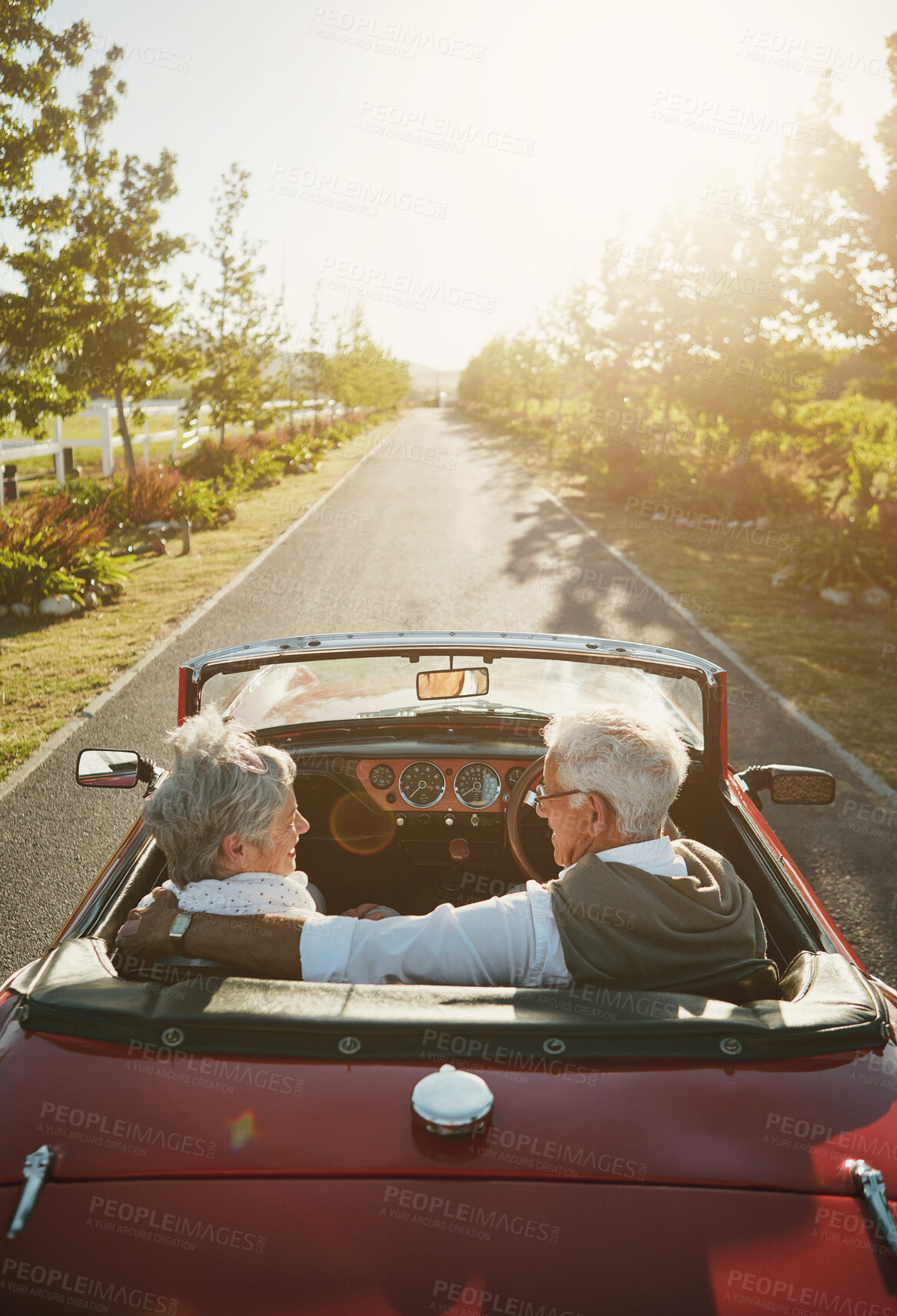 Buy stock photo Old couple, road trip and convertible driving in countryside vineyard for retirement travel, marriage or adventure. Man, woman and car transportation in Napa valley or exploring, nature or journey