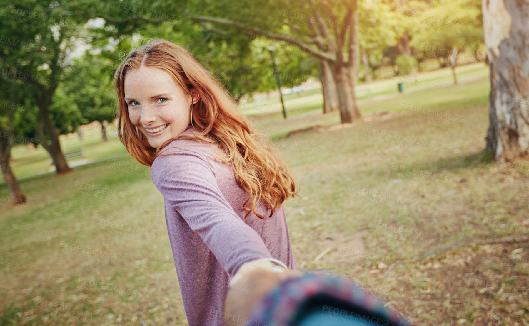 Buy stock photo POV, holding hands and couple with woman portrait and smile in park with love on holiday. Walking, care and student in nature and happy together on vacation outdoor with travel and date with support