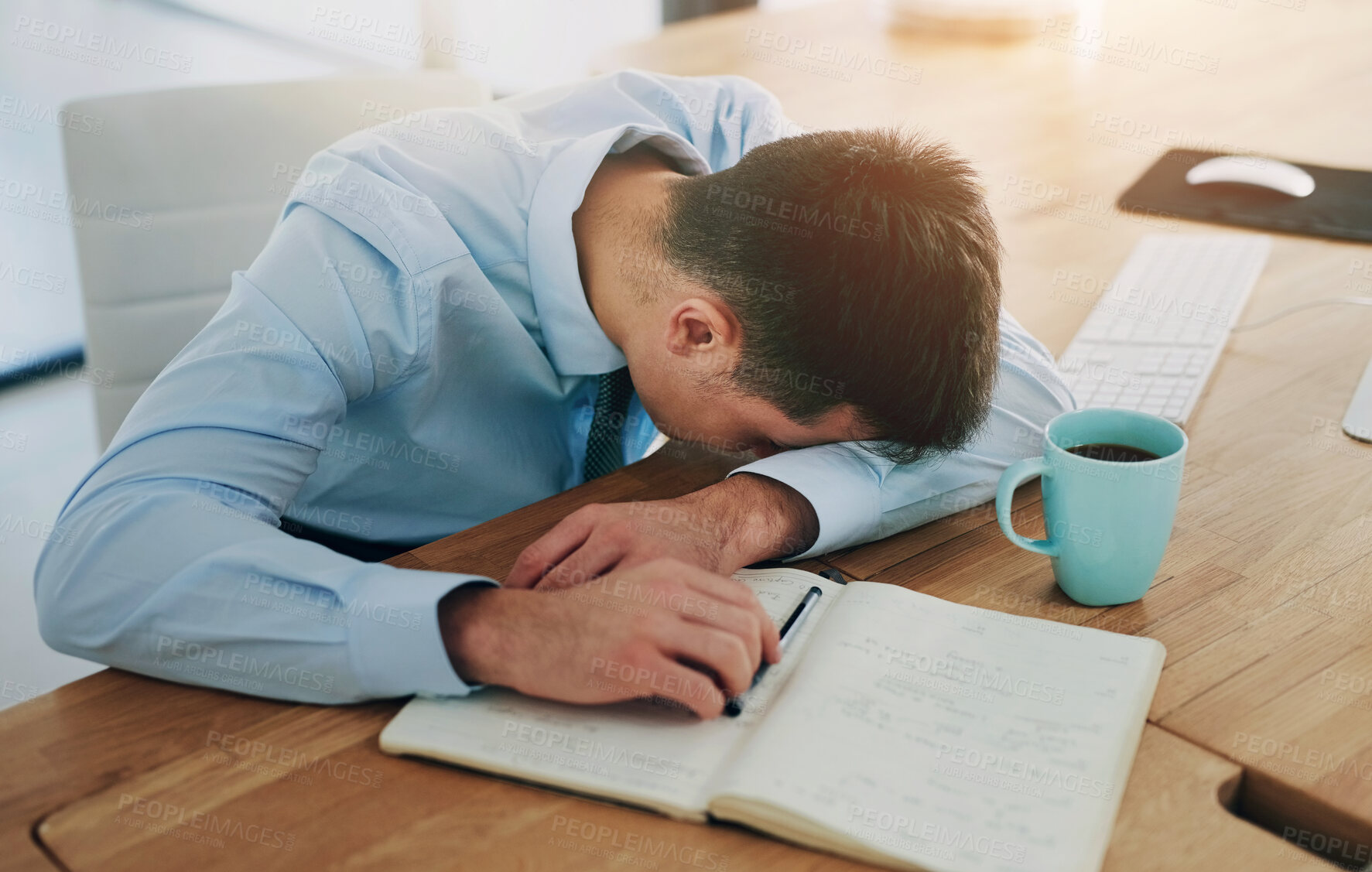 Buy stock photo Business man, sleeping and office with burnout and stress from corporate deadline and audit project, Anxiety, nap and fatigue from working of a tired auditor at a finance company with rest at desk 