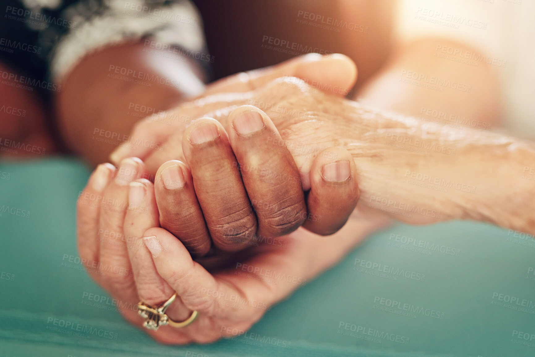 Buy stock photo Holding hands, support and senior people with empathy, love and care at a retirement home with help. Solidarity, loyalty and kindness with safe and trust gesture of couple of friends together