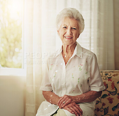 Buy stock photo Confident, morning and portrait of senior woman in retirement home with cheerful, joy and smile in house. Window, living room and elderly person relaxing with old age, calm and happiness on sofa