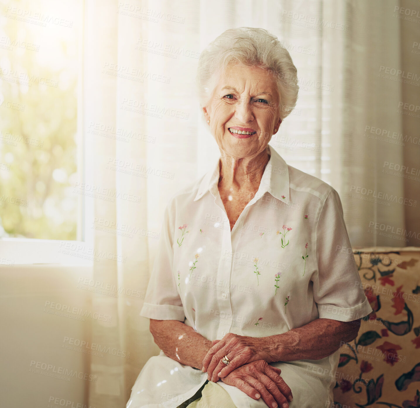 Buy stock photo Confident, morning and portrait of senior woman in retirement home with cheerful, joy and smile in house. Window, living room and elderly person relaxing with old age, calm and happiness on sofa