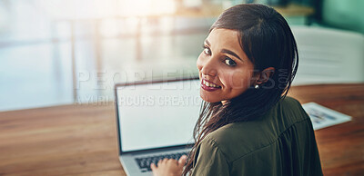 Buy stock photo Business woman, laptop and happy portrait at desk with blank screen and web designer with tech. Office, shoulder and creative agency with website design and internet search for company app project