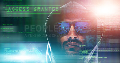 Buy stock photo Code overlay, hacker and portrait of man for programming, coding and information technology in dark. Cybersecurity, computer interface and person with mockup for online crime, fraud and install virus