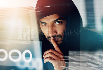 Buy stock photo Portrait, hacking and man with laptop, hologram or serious with internet, code or cyber security risk. Face, person or programmer with pc, holographic or blockchain database with silent sign or quiet