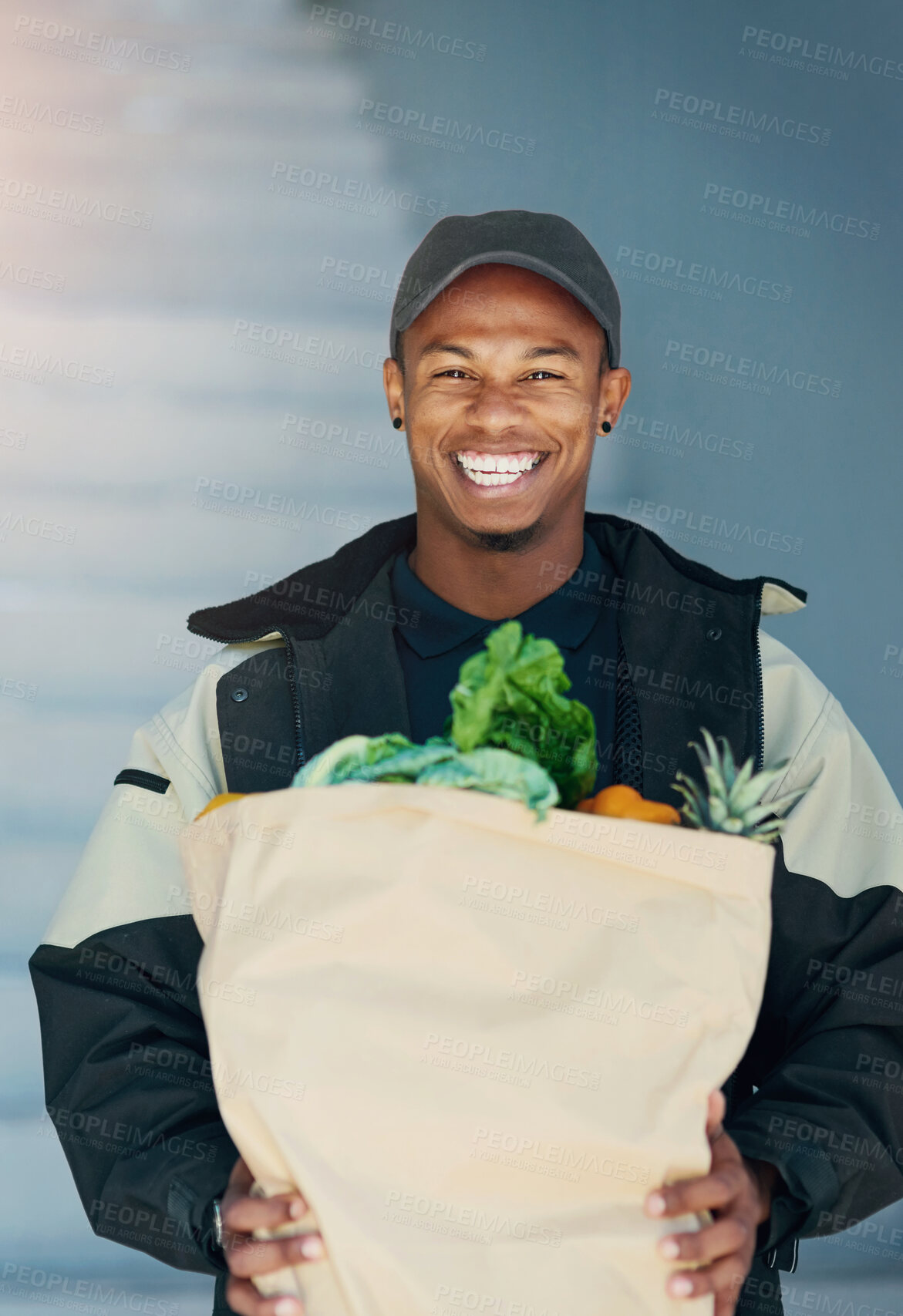 Buy stock photo Smile, portrait and delivery man at door with groceries for online shopping bag, home distribution and transport service. Supermarket, food package and happy courier with fresh vegetables at house.