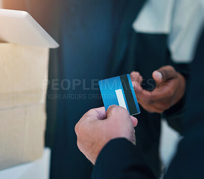 Buy stock photo Credit card, hands and delivery man at door with box for online shopping, safe distribution and transport service. Budget, package and courier with easy bank payment, home finance and convenience.