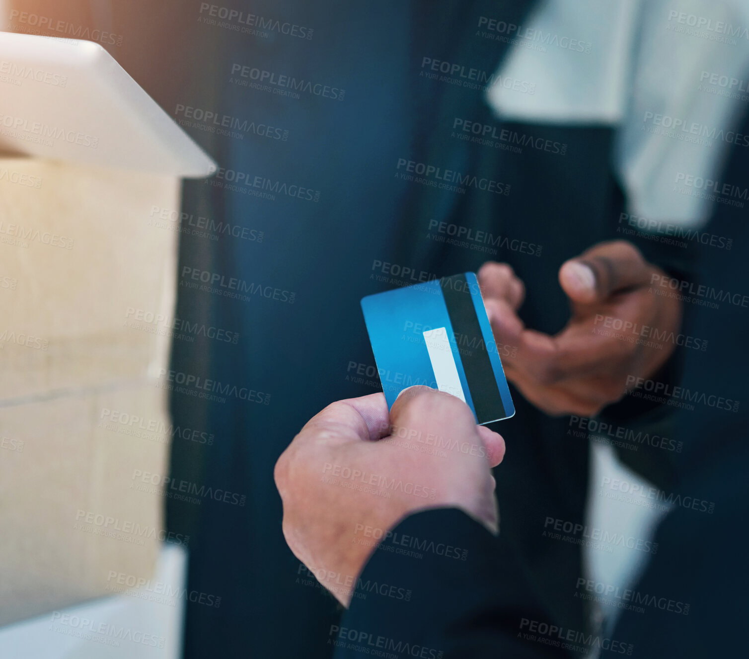 Buy stock photo Credit card, hands and delivery man at door with box for online shopping, safe distribution and transport service. Budget, package and courier with easy bank payment, home finance and convenience.