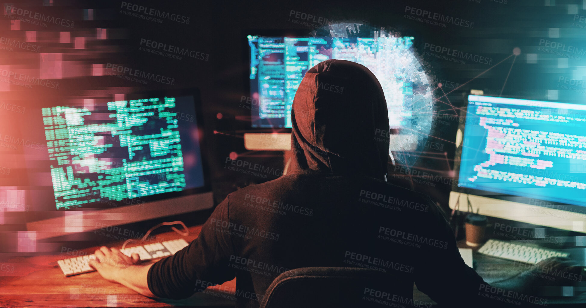 Buy stock photo Rear view, computer and hacker with code, programming and internet with hologram, cyber security and illegal access. Person, programmer and pc with blockchain database, holographic and tech error