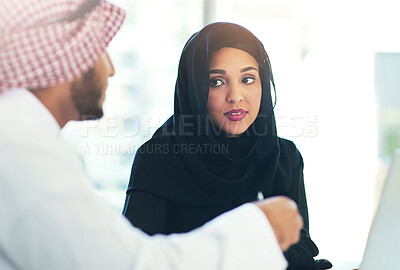 Buy stock photo Discussion, muslim and business people in office for consultation, advice or client. Meeting, hijab woman and Arabic man with keffiyeh for asset management, listening or broker at Investment bank