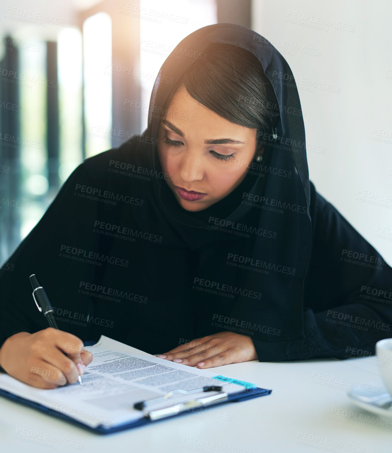 Buy stock photo Business, documents and Muslim woman writing, contract and planning with hijab, ideas and survey. Islamic person, employee and attorney with clipboard, paperwork and b2b deal with information and pen