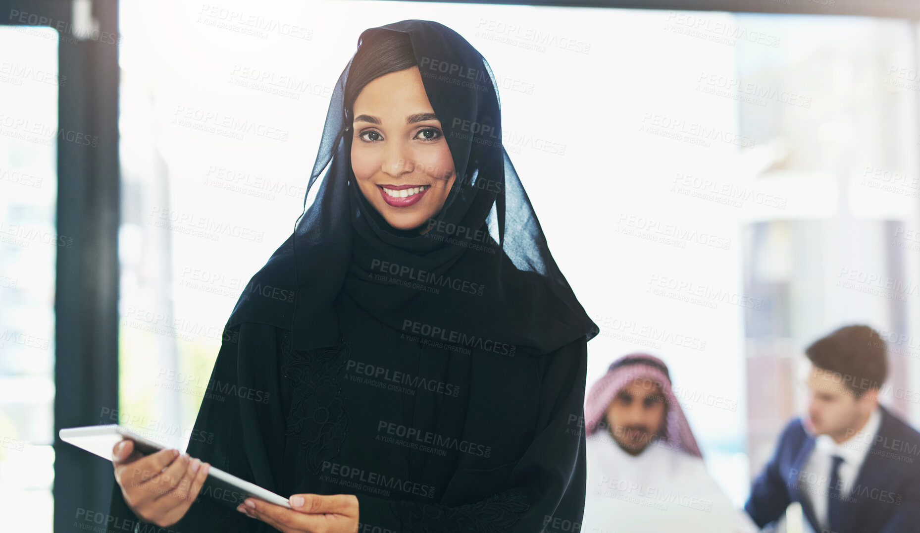 Buy stock photo Portrait, business people and Muslim woman with tablet, smile and confidence with career ambition. Face, group and Islamic person with tech, financial advisor and digital app with connection and joy