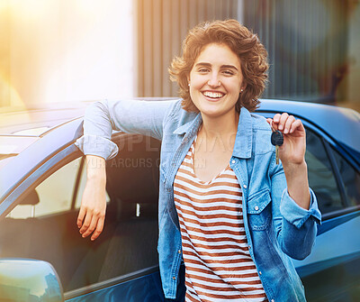 Buy stock photo Woman, new car and happy with keys for portrait for accessibility, efficiency and freedom for transportation with comfort. Ownership, girl and outdoor with purchase of vehicle, proud and milestone.