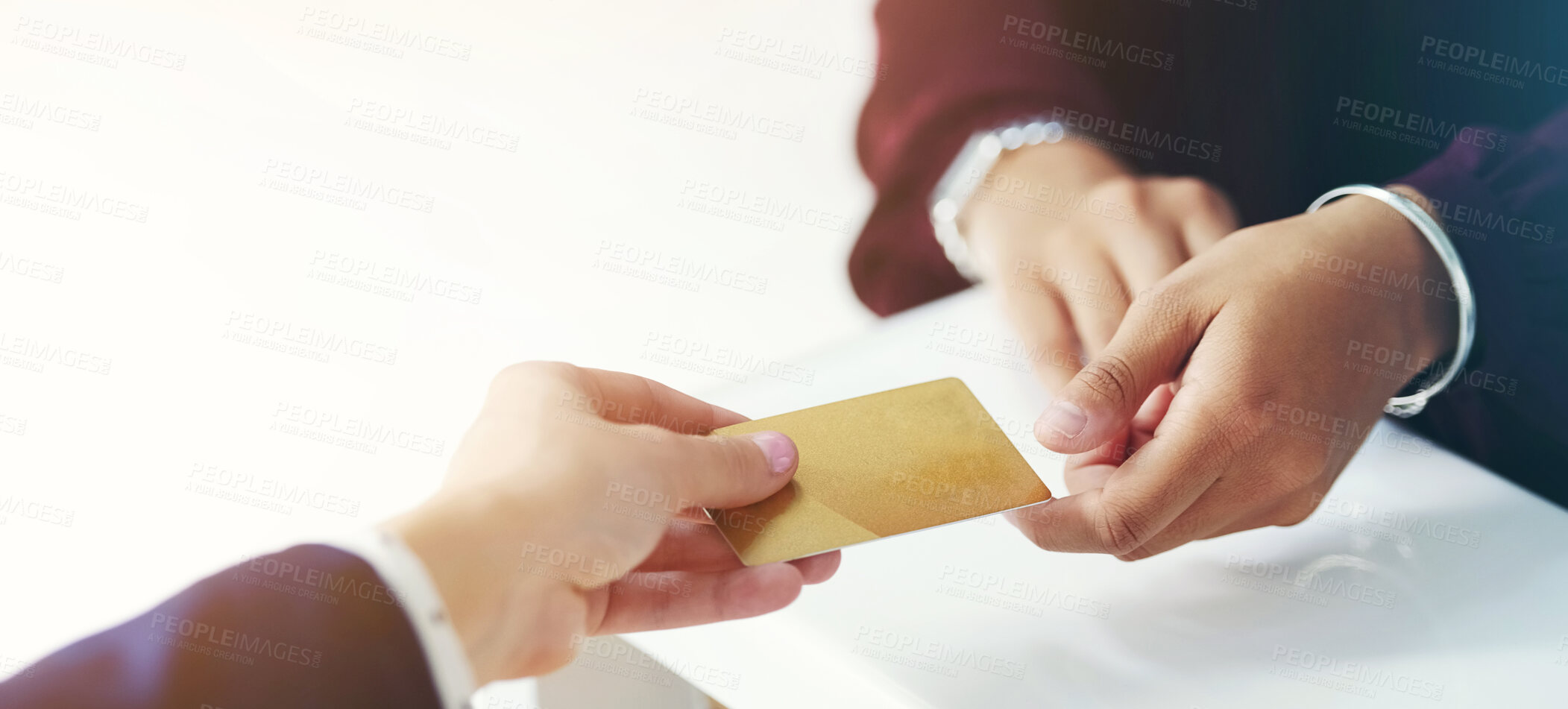 Buy stock photo Credit card, payment and customer with hands or exchange to cashier, buying with gift voucher at store. People, retail and transaction with digital finance in closeup, sale or service in restaurant