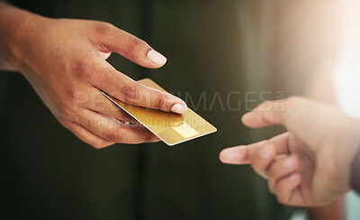 Buy stock photo Credit card, payment and customer with hands or giving to cashier, exchange with gift voucher at store. People, retail and transaction with digital finance in closeup, sale or service in restaurant