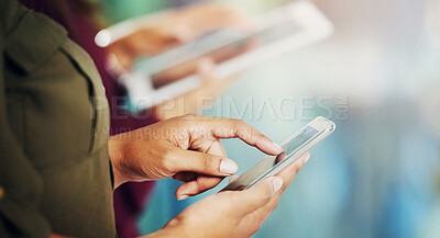 Buy stock photo Phone, closeup and hands of business people in office on social media networking, chatting or texting message. News, tablet and finger of employees scrolling or typing email online with mobile app