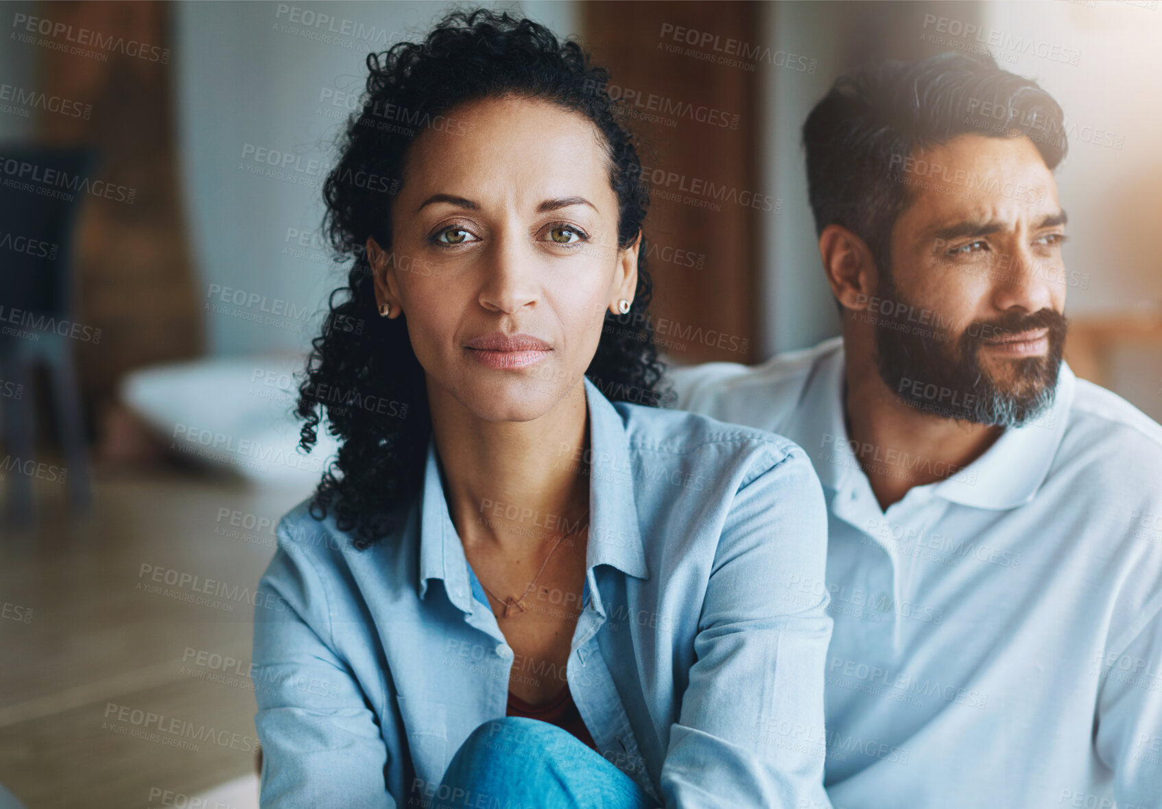 Buy stock photo Portrait, woman and partner relax at house in living room for break, bonding and love with care together. Couple, man and marriage for healthy relationship on holiday, trust and support of partner