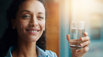 Buy stock photo Drinking water, woman and hydration in portrait, wellness or health in home with smile for diet or refreshment. Female person, happy and nutrition for balance, sustainable and care for detox or skin